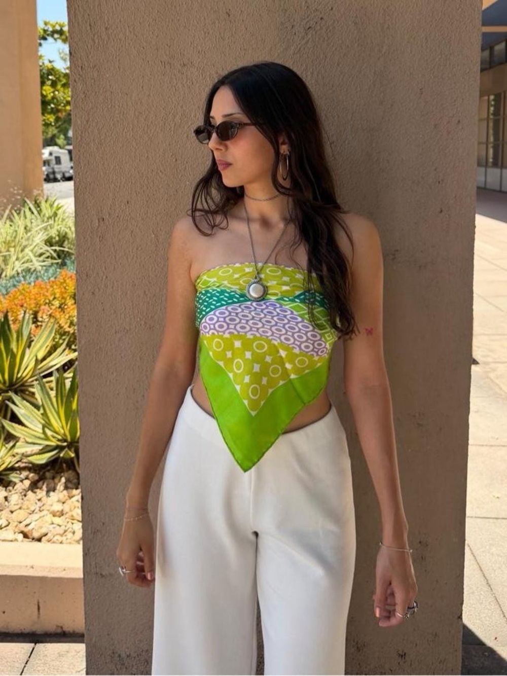Vintage Burmel silk scarf with a vibrant geometric floral pattern in lime green